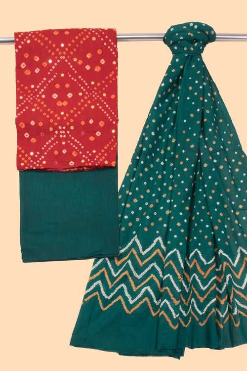 Red Bandhani Cotton 3-Piece Salwar Suit Material 10069621