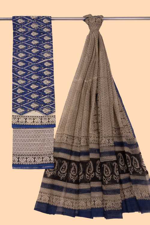 Blue 3-Piece Mulmul Cotton Salwar Suit Material With Kota Dupatta 10070087