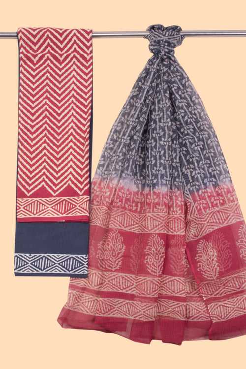 Red 3-Piece Mulmul Cotton Salwar Suit Material With Kota Dupatta 10070092