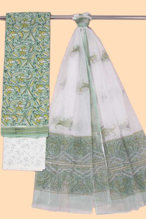 Seafoam Green 3-Piece Mulmul Cotton Salwar Suit Material With Kota Dupatta 10070094