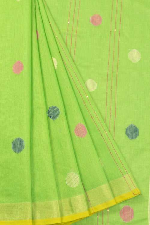 Lime Green Bengal Phulia Silk Cotton Saree With Sequin Embellished Pallu 10070190