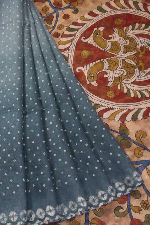 Sea Salt Green Digital Printed With Kalamkari Pallu & Blouse Linen Saree 10070293