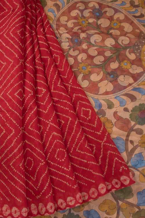 Crimson Red Digital Printed Linen Saree with Kalamkari Pallu 10070294