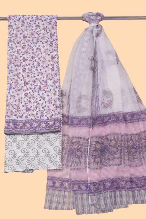 White 3-Piece Mulmul Cotton Salwar Suit Material With Kota Dupatta 10070088
