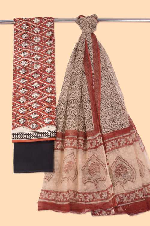 Brick Red 3-Piece Mulmul Cotton Salwar Suit Material With Kota Dupatta 10070108