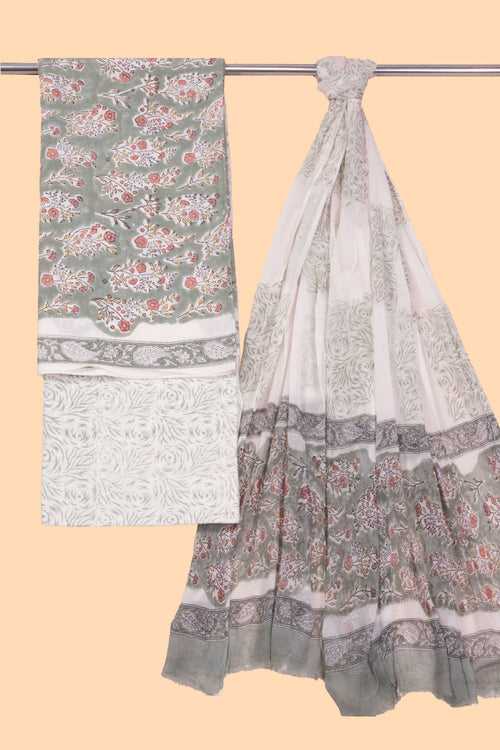 Sage Green 3-Piece Mulmul Cotton Salwar Suit Material 10070117