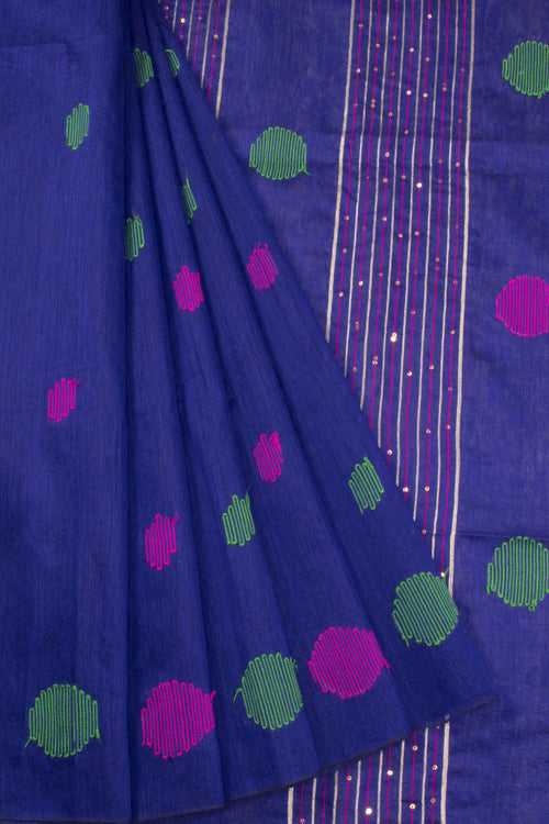 Indigo Blue Bengal Phulia Silk Cotton Saree With sequin embellished Pallu 10070189