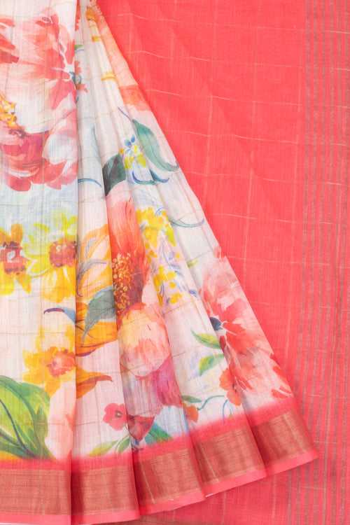 Off White Digital Printed Linen Saree 10070303