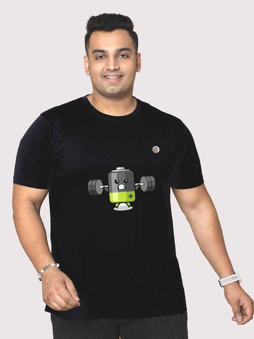 Men Plus Size Black Battery Cartoon Printed Round Neck T-Shirt