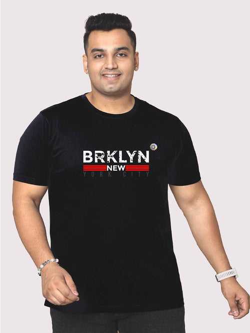 Men Plus Size Black Brooklyn Printed Round Neck T-Shirt
