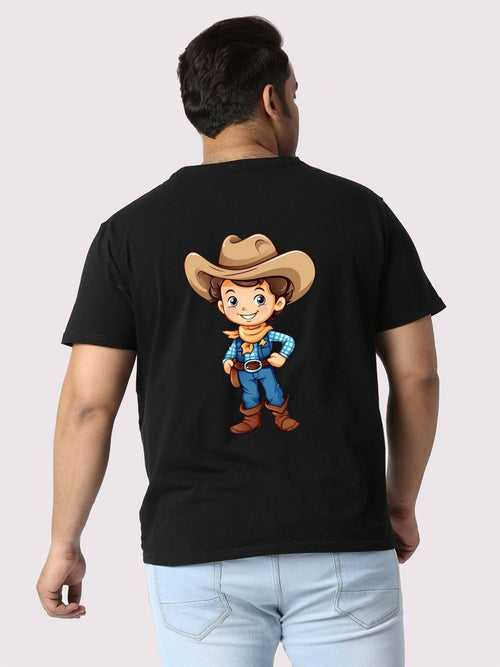 Men Plus Size Black Cowboy Printed Round Neck T-Shirt.