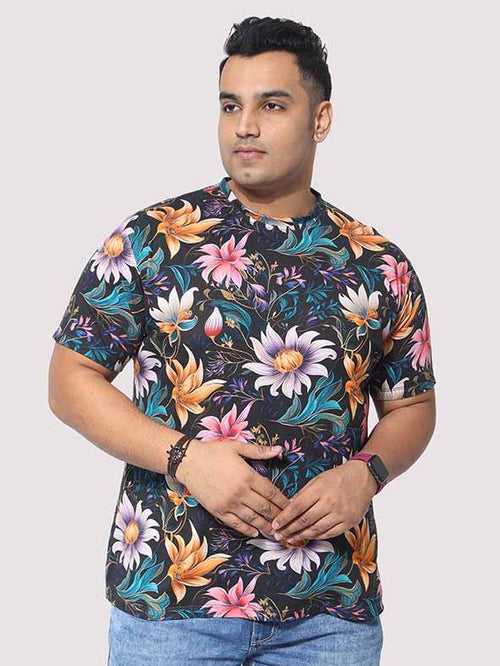 Men Plus Size Blue Floral Digital Printed Round Neck T-Shirt