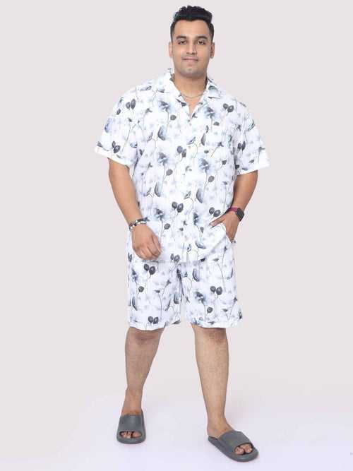 Men Plus Size Grey Blossom Printed Half Sleeve Co-Ords