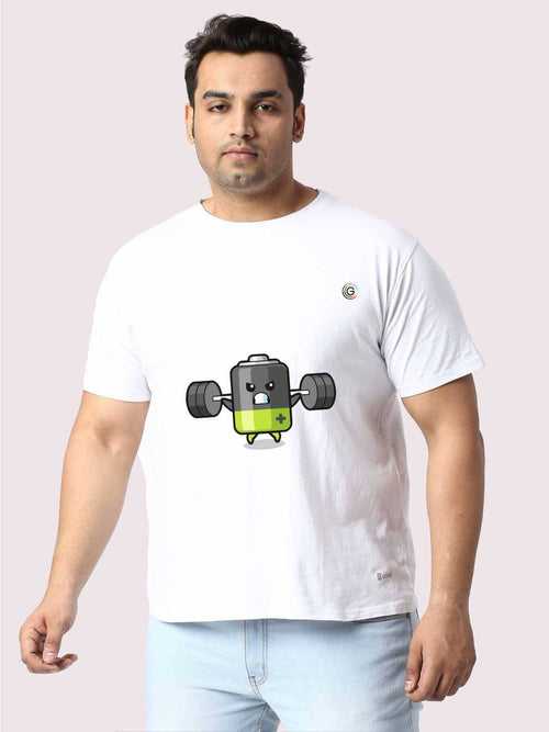 Men Plus Size White Battery Cartoon Printed Round Neck T-Shirt