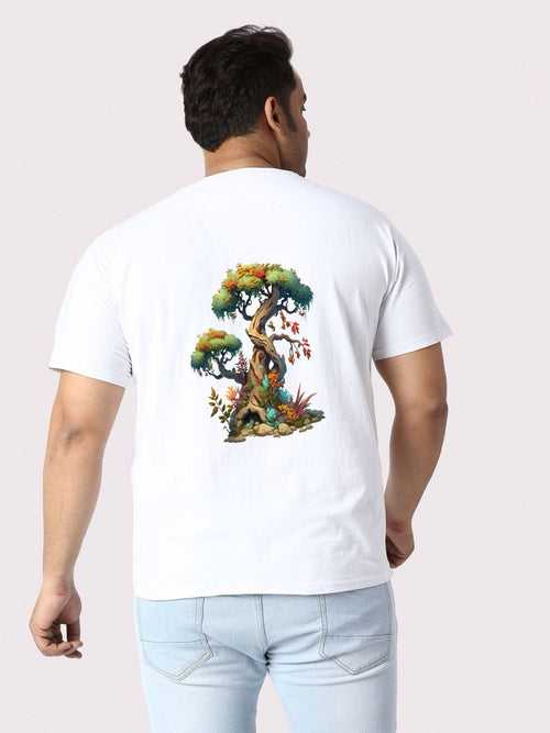 Men Plus Size White Bonsai Tree Printed Round Neck T-Shirt