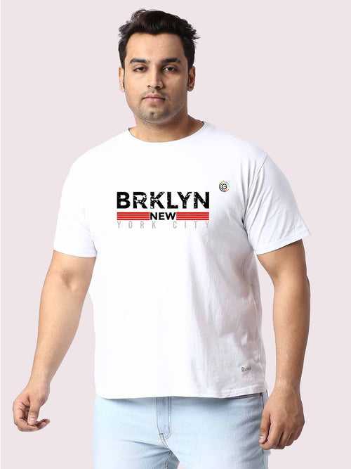 Men Plus Size White Brooklyn Printed Round Neck T-Shirt