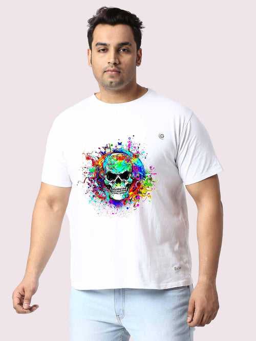 Men Plus Size White Colorful Skull Printed Round Neck T-Shirt