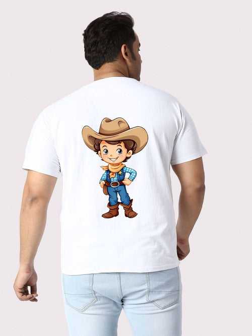 Men Plus Size White Cowboy Printed Round Neck T-Shirt.
