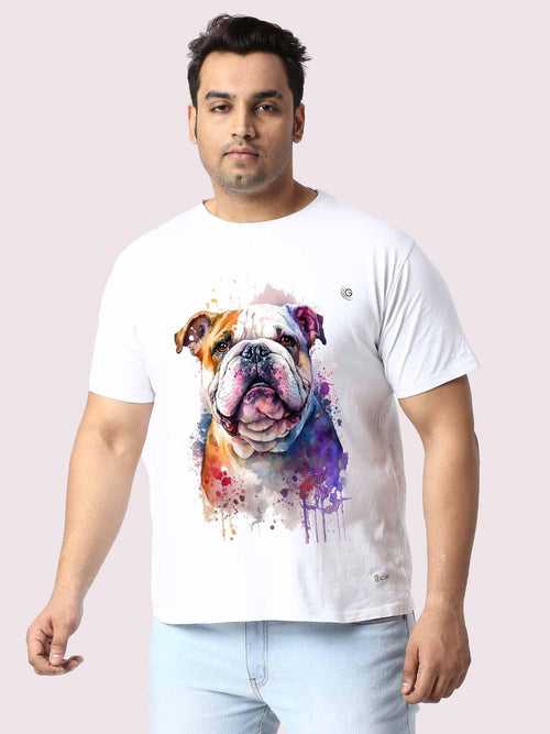 Men Plus Size White Dog Printed Round Neck T-Shirt
