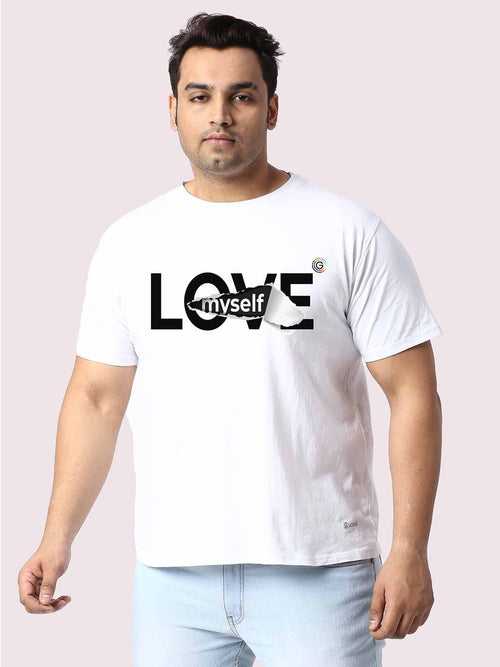 Men Plus Size White Love My Self Printed Round Neck T-Shirt.
