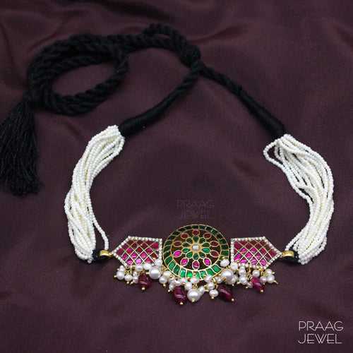 Sharit 925 Silver Kundan Choker Necklace With Gold Polish 0100