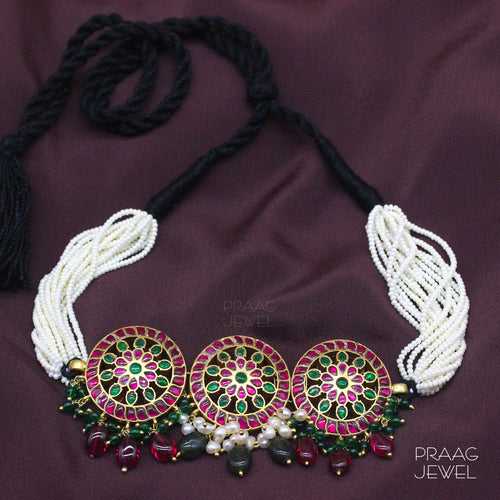 Haritshon 925 Silver Kundan Choker Necklace With Gold Polish 0097