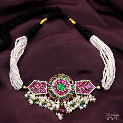 Haritshon 925 Silver Kundan Choker Necklace With Gold Polish 0093