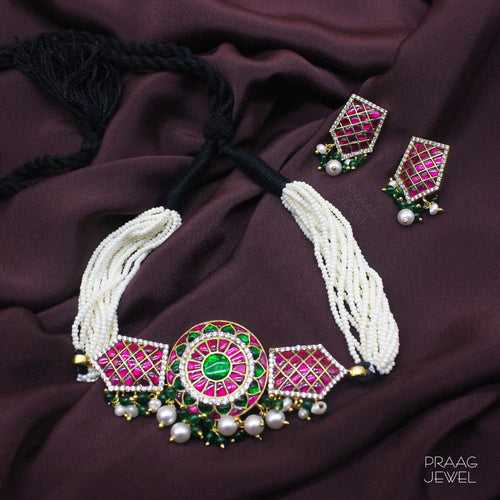Haritshon 925 Silver Kundan Choker Necklace & Earrings With Gold Polish 0089