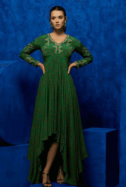 Emerald Bloom- Floral Asymmetric Dress