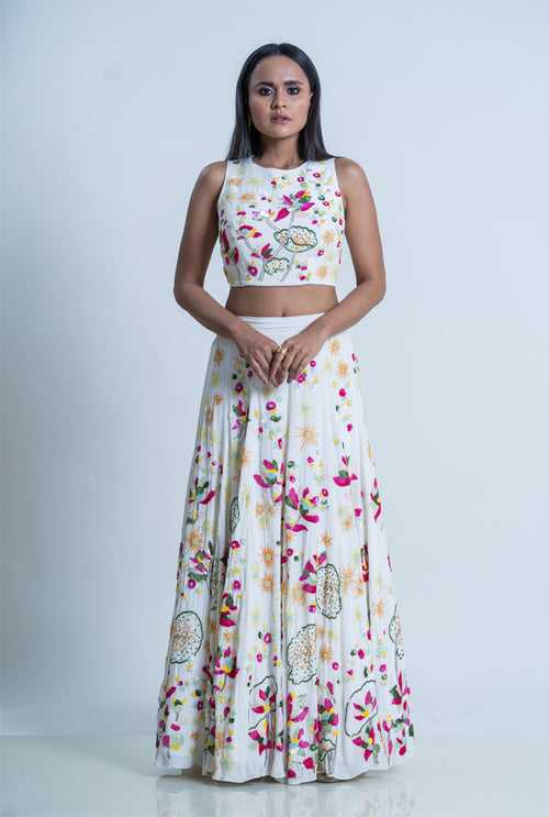 Ivory Crape Lotus Embroidered Skirt With Crop top - Ivory Oleander Lehenga Set