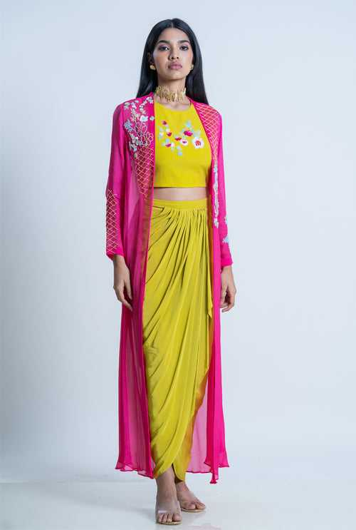 Mustard Ruffle Skirt With Crop Top And Bead Embroidered Hot Pink Cape - Tuscany Daffodil Co-ord