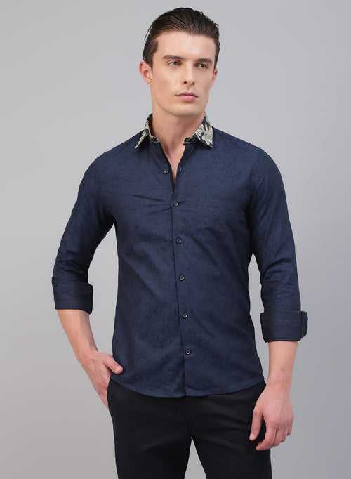 Navy Blue 100% Cotton Printed Casual Shirt