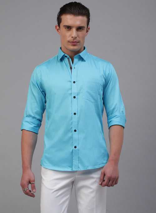 Light Blue 100% Cotton Solid Casual Shirt
