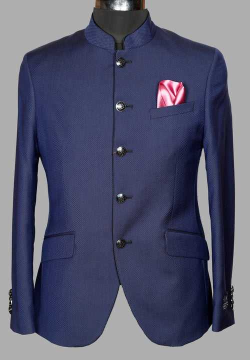 Navy Textured Designer Bandhgala Suit