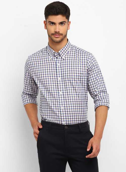 White & Blue Cotton Check Button Down Casual Shirt