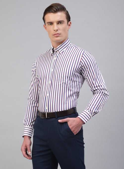 White & Maroon 100% Cotton Stripe Formal Shirt
