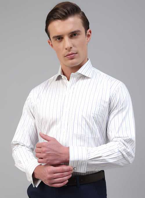 White & Blue 100% Cotton Stripe Formal Shirts