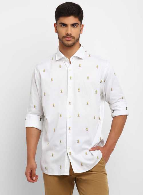 White Cotton Cartoon Printed Casual Shirt