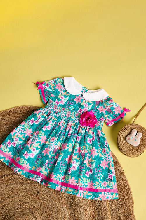 One Friday Baby Girls Green and Pink Cotton Peter Pan Collar Dress