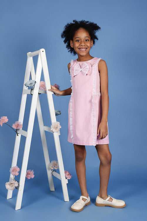 One Friday Kids Girls Pink Cotton Sleeveless Dress With Frills & Bow