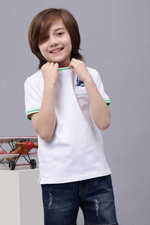 One Friday Kids Boys 100% Cotton White Round Neck Embroidered T-shirt