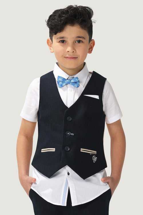 One Friday Kids Boys Navy Blue Stretchable Cotton Waistcoat With Front Pockets