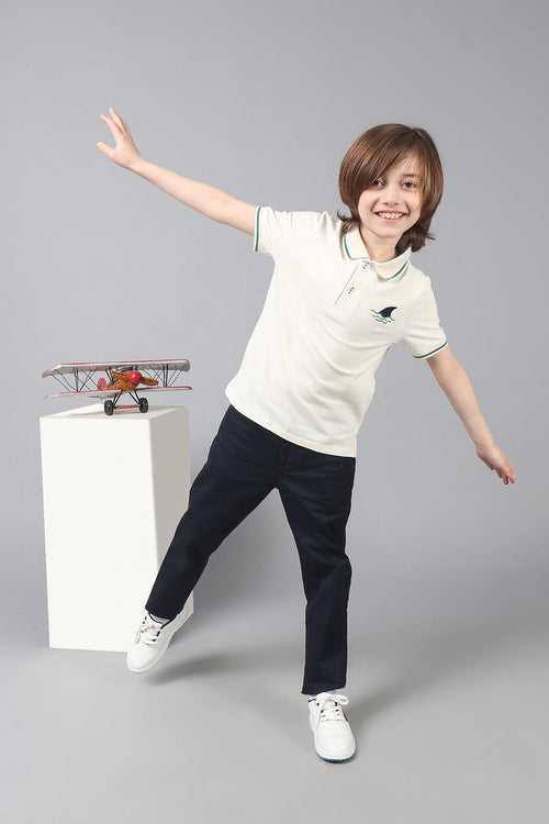 One Friday Kids Boys White Stretchable Polo Tee with Embroidery