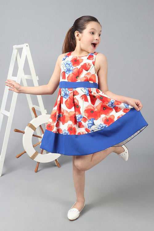 One Friday Kids Girls Floral Printed Fit & Flare Bow Dress