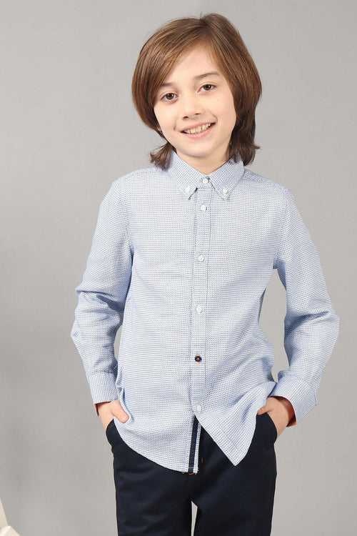 One Friday Kids Boys 100% Cotton Blue Micro Print Full Sleeves Shirt