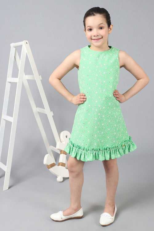 One Friday Kids Green Embroidered Round Neck Sleeveless Dress With Frills