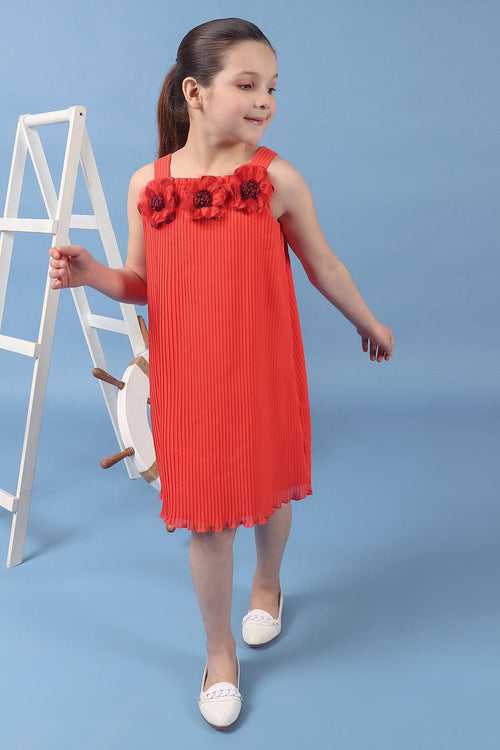 One Friday Kids Girls Orange A Line Pleated Dress With Embellished Flowers