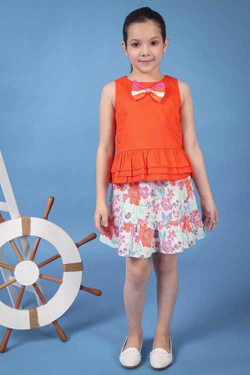 One Friday Kids Girls Orange 100% Cotton Round Neck Peplum Top