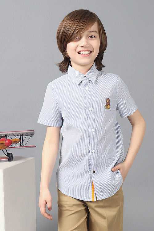 One Friday Kids Boys Blue Stripes Half Sleeves Shirt Lion King Embroidery