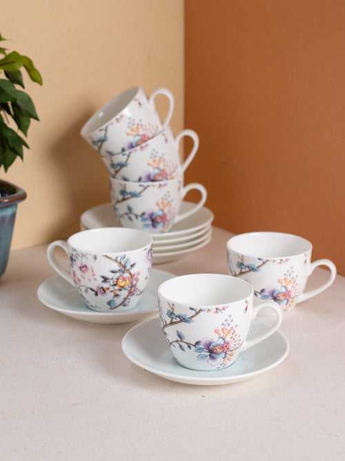 JCPL Cream Gardenia Cup & Saucer, 170ml, Set of 12 (6 Cups + 6 Saucers) (GS307)